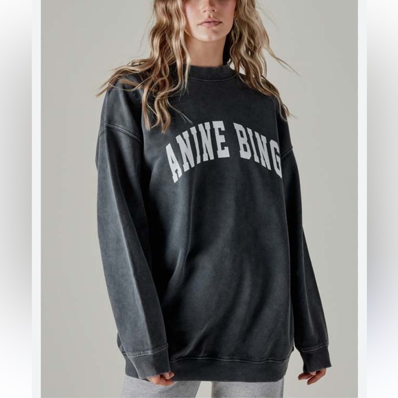 Anine Bing Tyler Cotton Logo Washed Black Crew Neck Sweatshirt-Scandi Girl Style - Picture 1 of 16